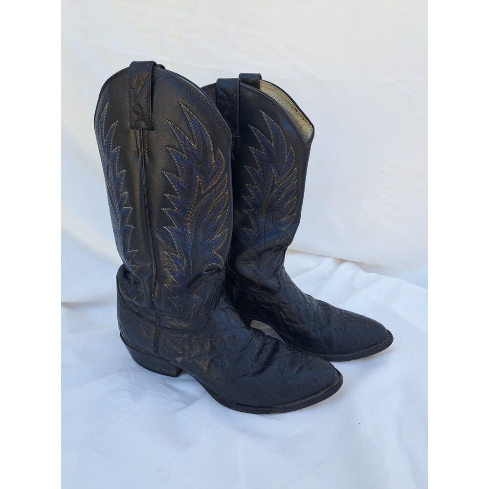 Vtg Mexican Cowboy Boots Diamond J Mens 8 EE 7191 Black Blue Flames Embroidery
